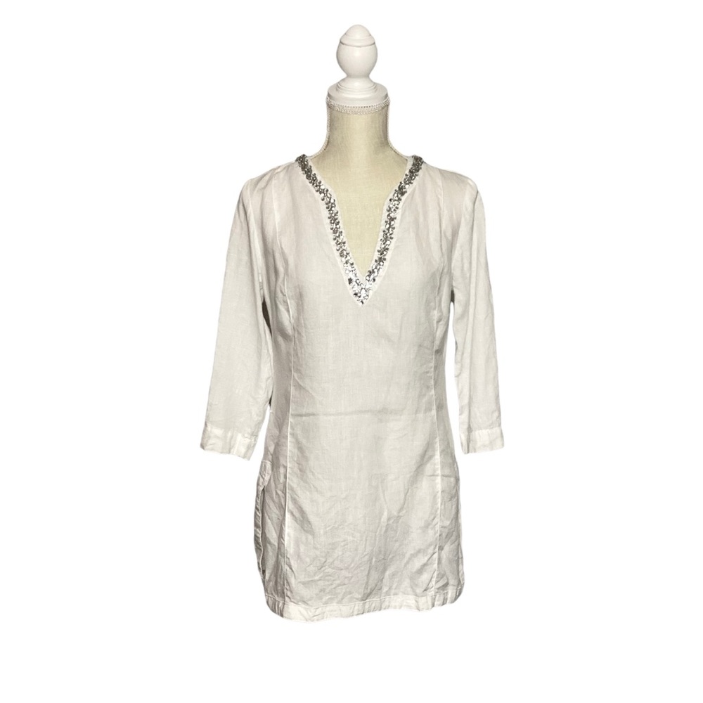 Malvin I Love Linen Rhinestone Trimmed V-Neck 3/4 length Sleeve Tunic Size Small